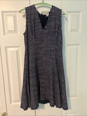 Rebecca Taylor Navy and White Tweed V-Neck Midi Dress